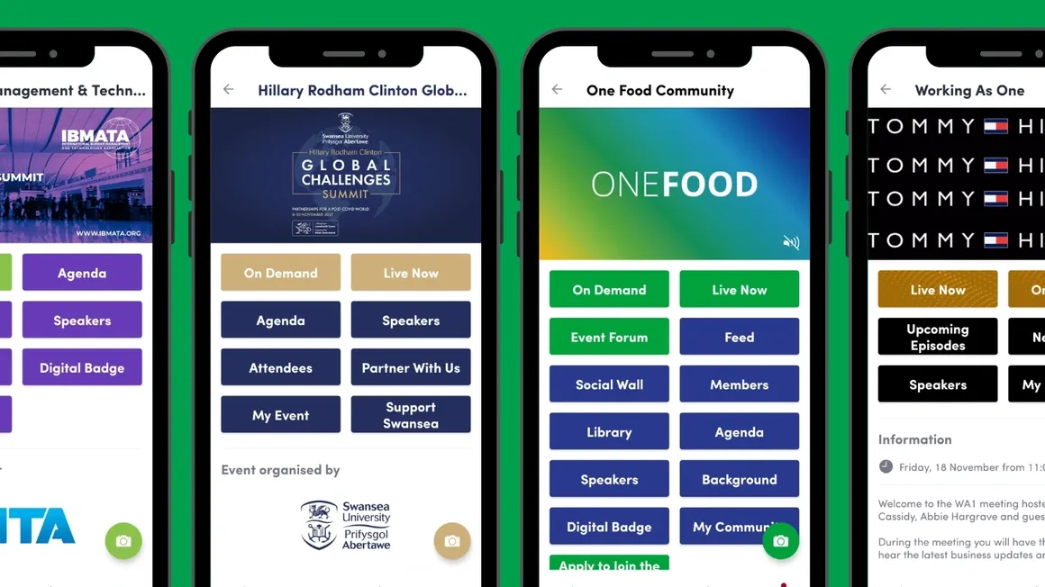 Examples of branded event app home screens on mobile devices.