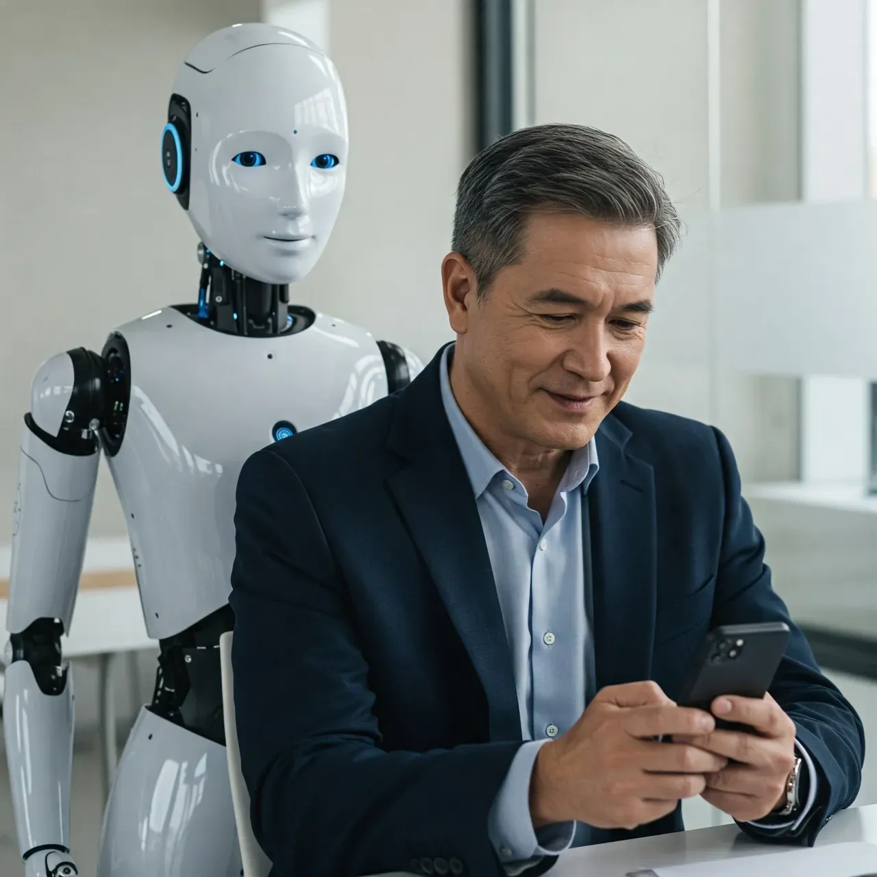 A man looking at his phone with a robot looking over his shoulder